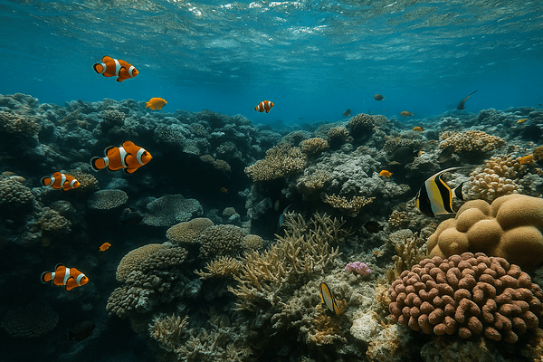 Vibrant coral reef teeming with colorful fish in the Red Sea