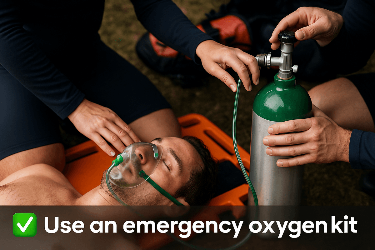 Emergency oxygen kit being administered to a patient during a dive emergency response training simulation