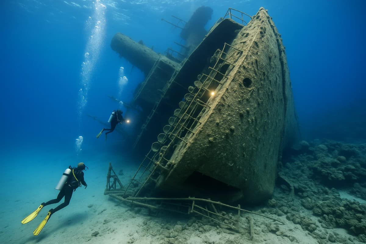 Two divers exploring the massive hull of the SS Thistlegorm wreck resting on its side on the ocean floor, torch beams cutting through the blue water