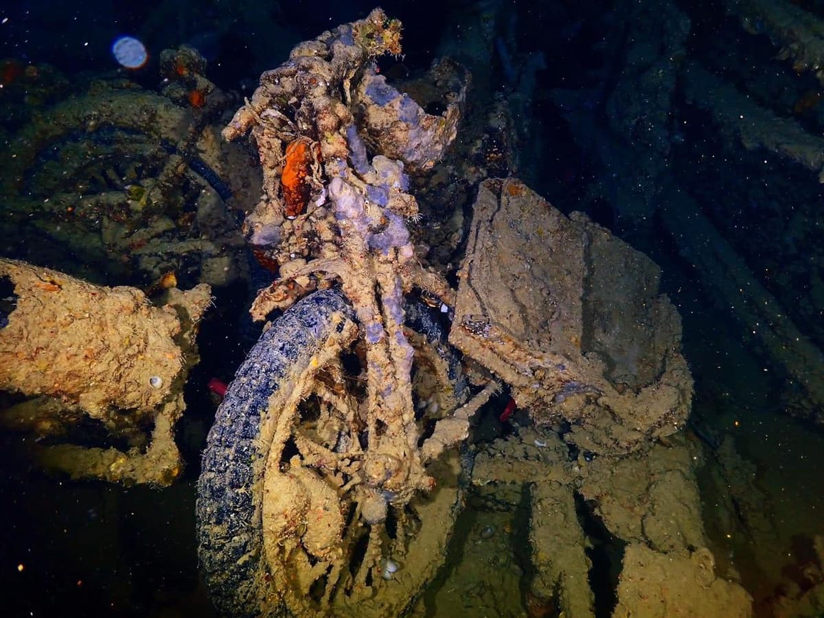 A British WWII motorcycle completely encrusted with coral and marine growth sitting upright inside the SS Thistlegorm cargo hold