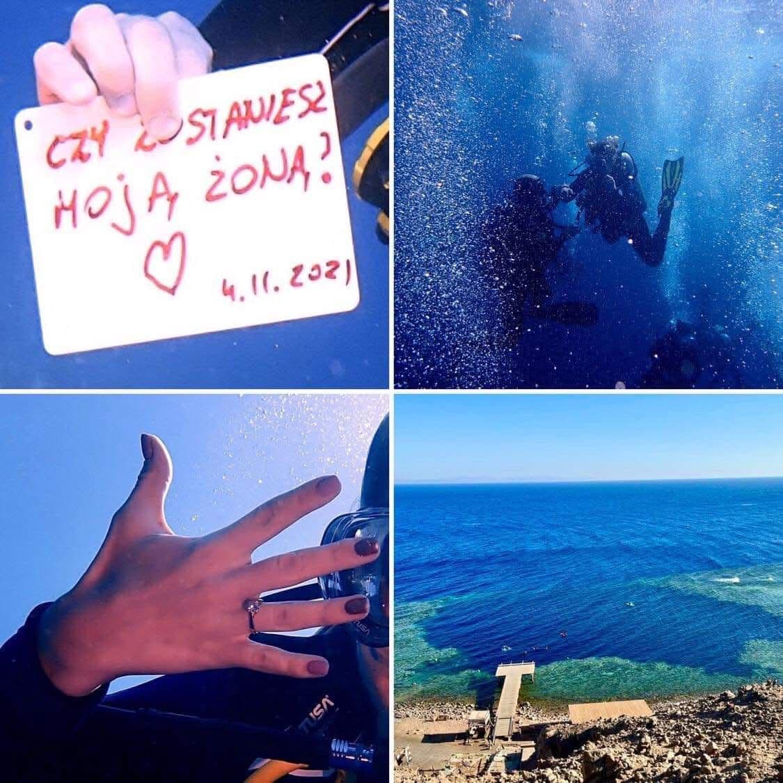 Four-photo collage: top left shows Kuba holding the proposal card underwater, top right shows two divers descending in blue water with bubbles, bottom left shows Kasia's hand with engagement ring, bottom right shows the Blue Hole turquoise water from the cliff above