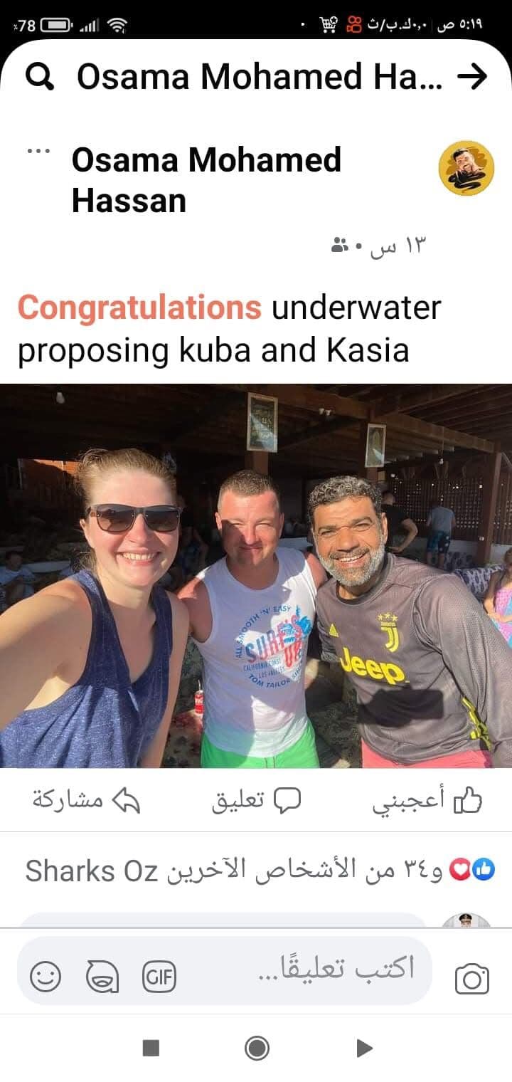 Screenshot of Osama Mohamed Hassan Facebook post reading Congratulations underwater proposing kuba and Kasia, photo shows Kasia, Kuba in a surf shirt, and Osama in a Juventus jersey smiling together