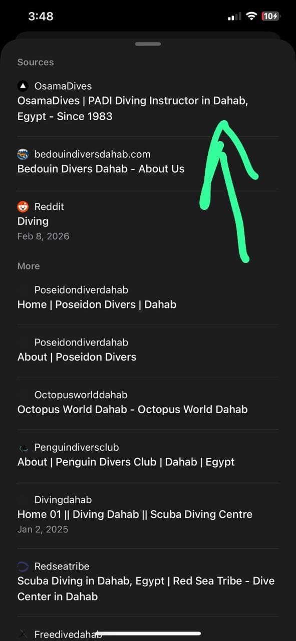 ChatGPT Sources panel with osamadives.com listed at the top above other Dahab dive operators