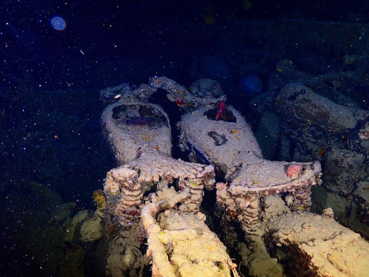 Motorcycles in the hold of the SS Thistlegorm, still in their rows under decades of coral growth