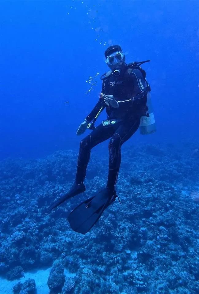 Osama hovering in deep blue water above a coral bottom, trimmed flat and still