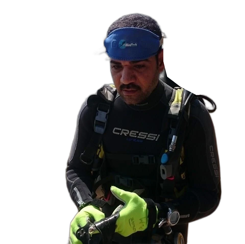 Osama, cut out in his dive gear